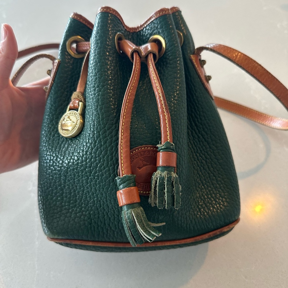 Vintage Dooney & Bourke Forest Green and Tan Leather Bucket Bag
